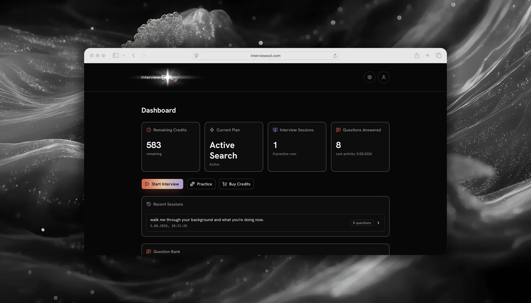 InterviewSOL dashboard showing remaining credits, current plan, interview sessions and recent activity.